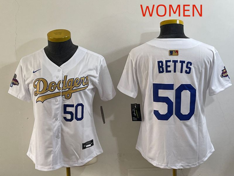 Women Los Angeles Dodgers #50 Betts White Champion edition Nike MLB Jersey style 002->women mlb jersey->Women Jersey